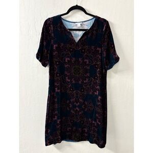 Sundance Nomi Printed Velvet Shift Dress V-Neck Short Sleeve‎ Silk Small
